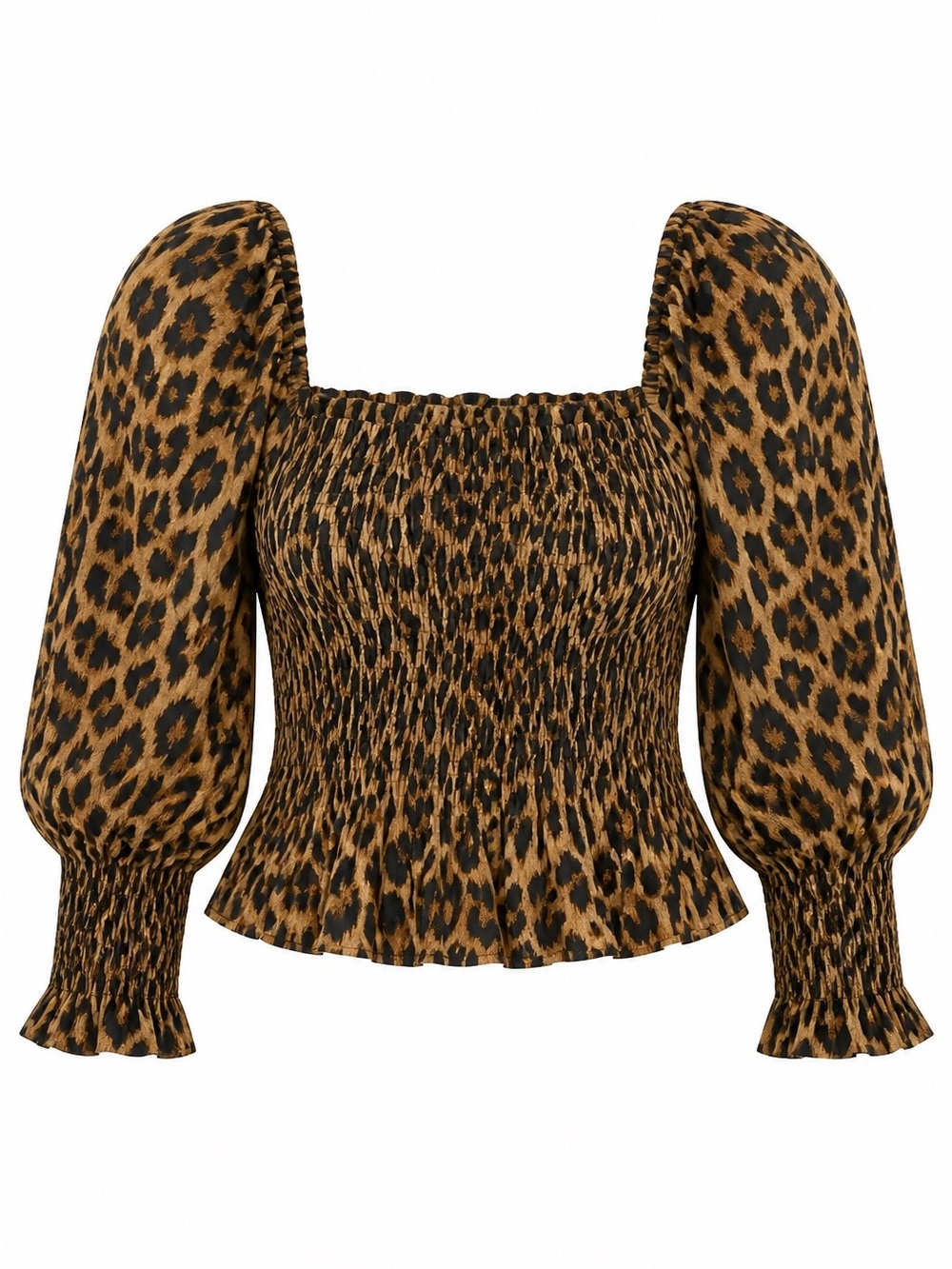 Zara Leopard Print Smocked Puff Sleeve Top - Brown/Black